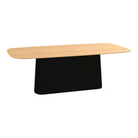 Minimalist dining table with a natural wood top and a sleek black base, featuring smooth, clean lines.