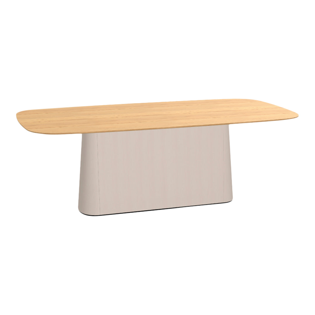 Light wood top with a smooth, beige base; modern design featuring a sleek, minimalistic aesthetic.