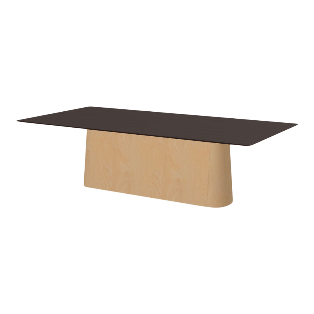 Modern coffee table featuring a dark brown top and a light wood base with natural grain patterns.
