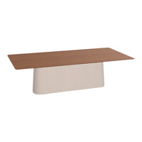 Wooden brown tabletop with a smooth, light beige base, featuring a minimalist design. Ideal for modern interiors.