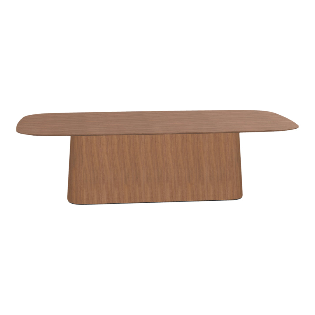 Modern wood coffee table in rich brown finish with a sleek, minimalist design and smooth, rounded edges.