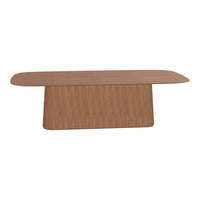 Modern wood coffee table in rich brown finish with a sleek, minimalist design and smooth, rounded edges.