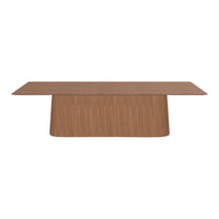 Mid-century modern wooden dining table in rich brown finish with a smooth surface and subtle grain pattern.
