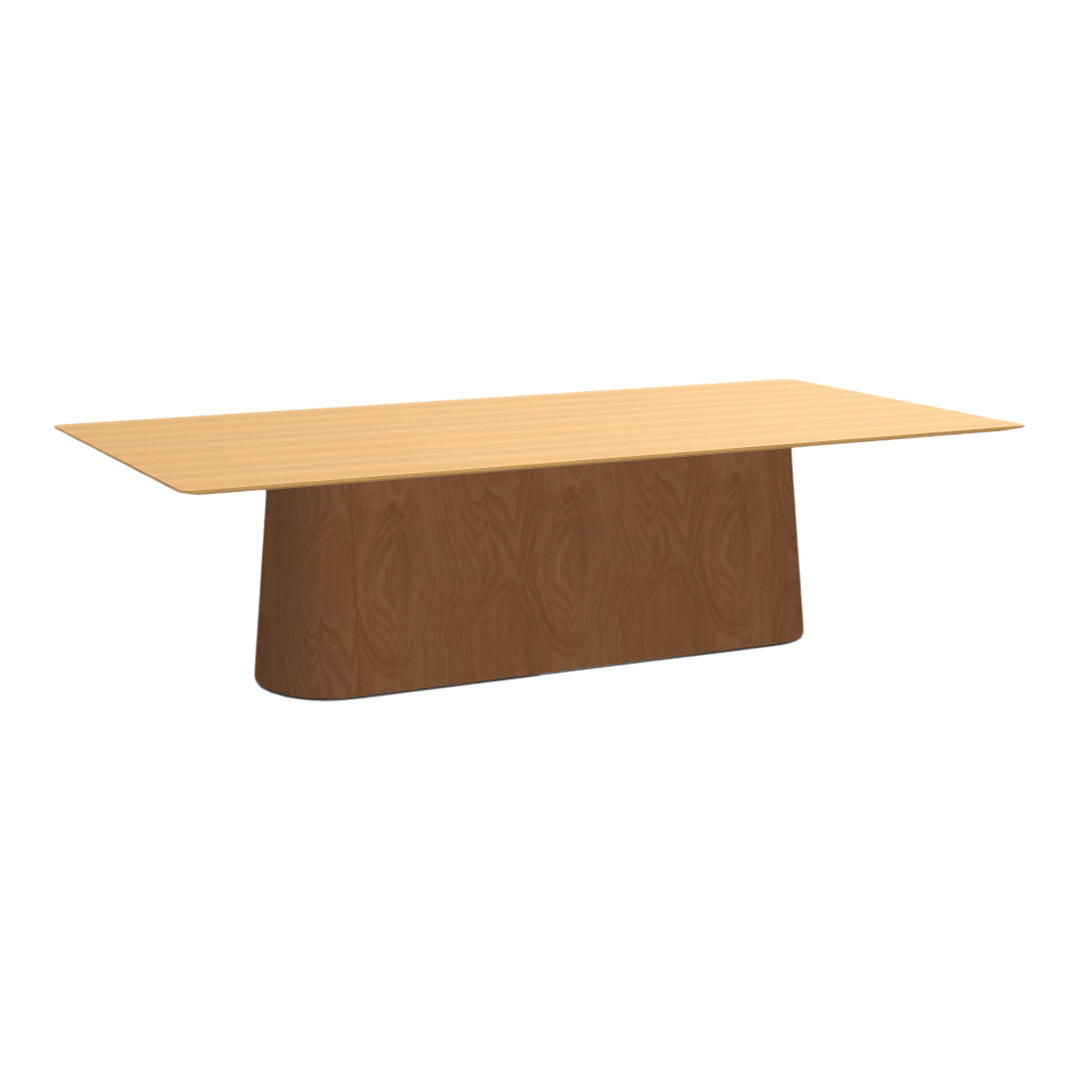 Modern wooden dining table with a light blonde top and rich brown base, featuring a smooth, sleek design.