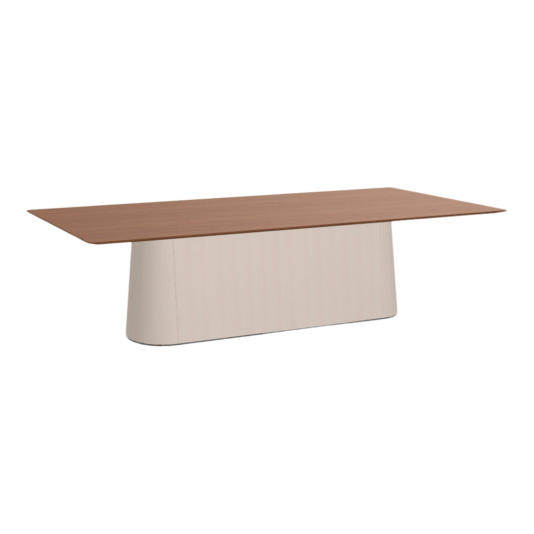 Modern rectangle dining table with a warm wood finish top and a soft beige base, perfect for elegant dining spaces.