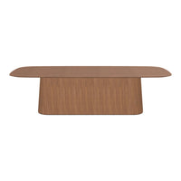 Wooden coffee table with a sleek, oval shape and a rich brown finish, showcasing a natural grain pattern.