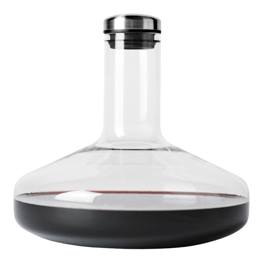 Clear glass decanter with a sleek black base and stainless steel lid, featuring smooth curves and elegant design.