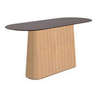 Modern console table featuring a warm light wood base and a sleek dark brown top. Smooth, minimalist design.