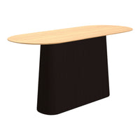 Stylish oval dining table with a light wood top and sophisticated black base, featuring a sleek minimalist design.