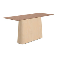 Modern table featuring a smooth light wood base and a rich brown top, showcasing sleek lines and natural textures.