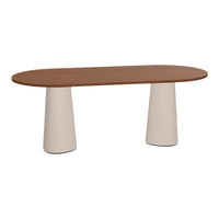 Modern oval table with a walnut top and white conical legs, blending elegance and minimalism in design.