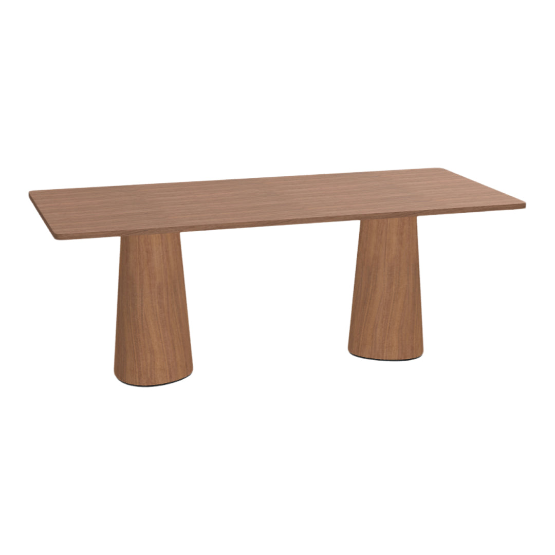 Light brown wooden dining table with a simple rectangular top and conical legs, showcasing a smooth, natural grain pattern.