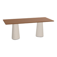 Brown rectangular tabletop with white conical legs; sleek and modern design for contemporary interiors.
