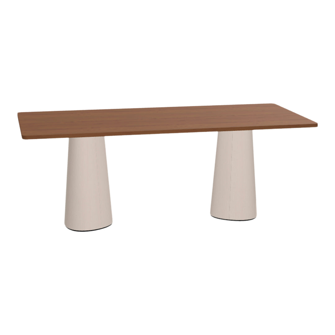Modern rectangular table with a warm brown wooden top and two white conical bases. Minimalist design for stylish decor.