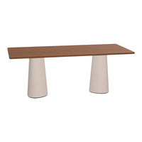 Modern rectangular table with a warm brown wooden top and two white conical bases. Minimalist design for stylish decor.