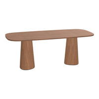 Brown modern coffee table with a sleek, oval top and tapered, cylindrical legs in a wood texture finish.