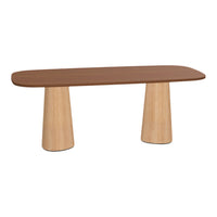 Brown oval tabletop with light wood conical legs, featuring a smooth and modern design. Perfect for contemporary decor.