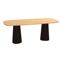 Natural wood finish with a light oak tabletop and sleek black cylindrical legs for a modern aesthetic.