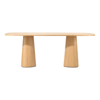 Light wood dining table with a smooth, natural finish and soft, curved edges, showcasing a minimalist design.