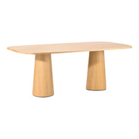 Natural wood dining table with a light beige finish and smooth, rounded edges, featuring a minimalist design.