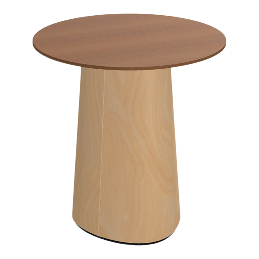 Round wooden side table with a walnut top and light natural wood base, featuring a smooth, minimalist design.