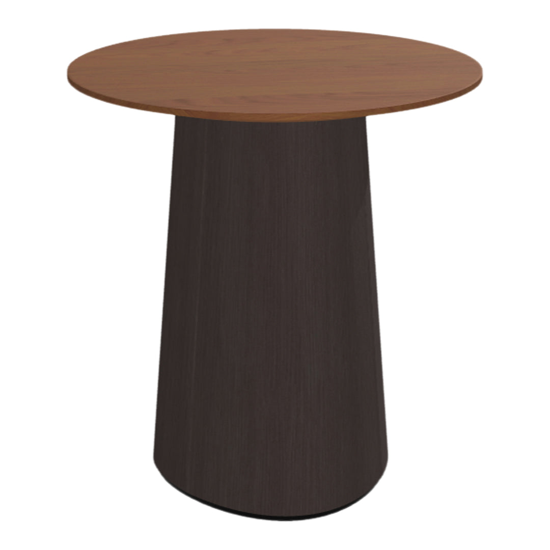 Round wooden table with a rich brown top and dark textured base, combining a modern aesthetic with natural tones.