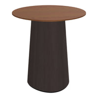 Round wooden table with a rich brown top and dark textured base, combining a modern aesthetic with natural tones.