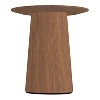 Wooden side table in rich brown tones with natural wood grain pattern and smooth, round top.