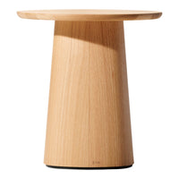Light wood side table with a smooth, natural grain and a minimalist design, featuring a rounded top and tapered base.