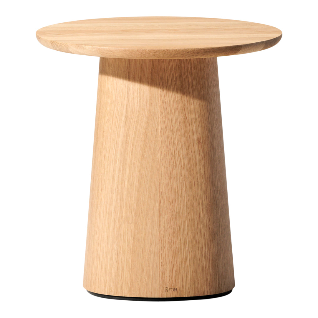 Natural light wood side table with a smooth, round top and tapered base, showcasing a simple, minimalist design.