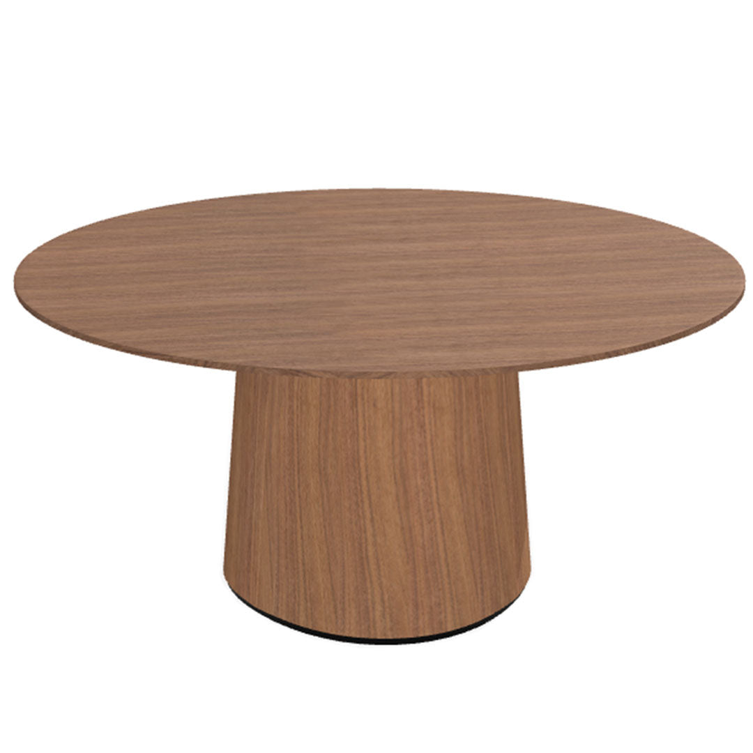 Round wooden coffee table in rich walnut finish with a smooth surface and cylindrical base. Elegant, modern design.