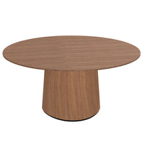 Round wooden coffee table in rich walnut finish with a smooth surface and cylindrical base. Elegant, modern design.