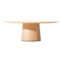 Light maple wood coffee table with smooth, circular surface and minimalist design, featuring natural wood grain patterns.