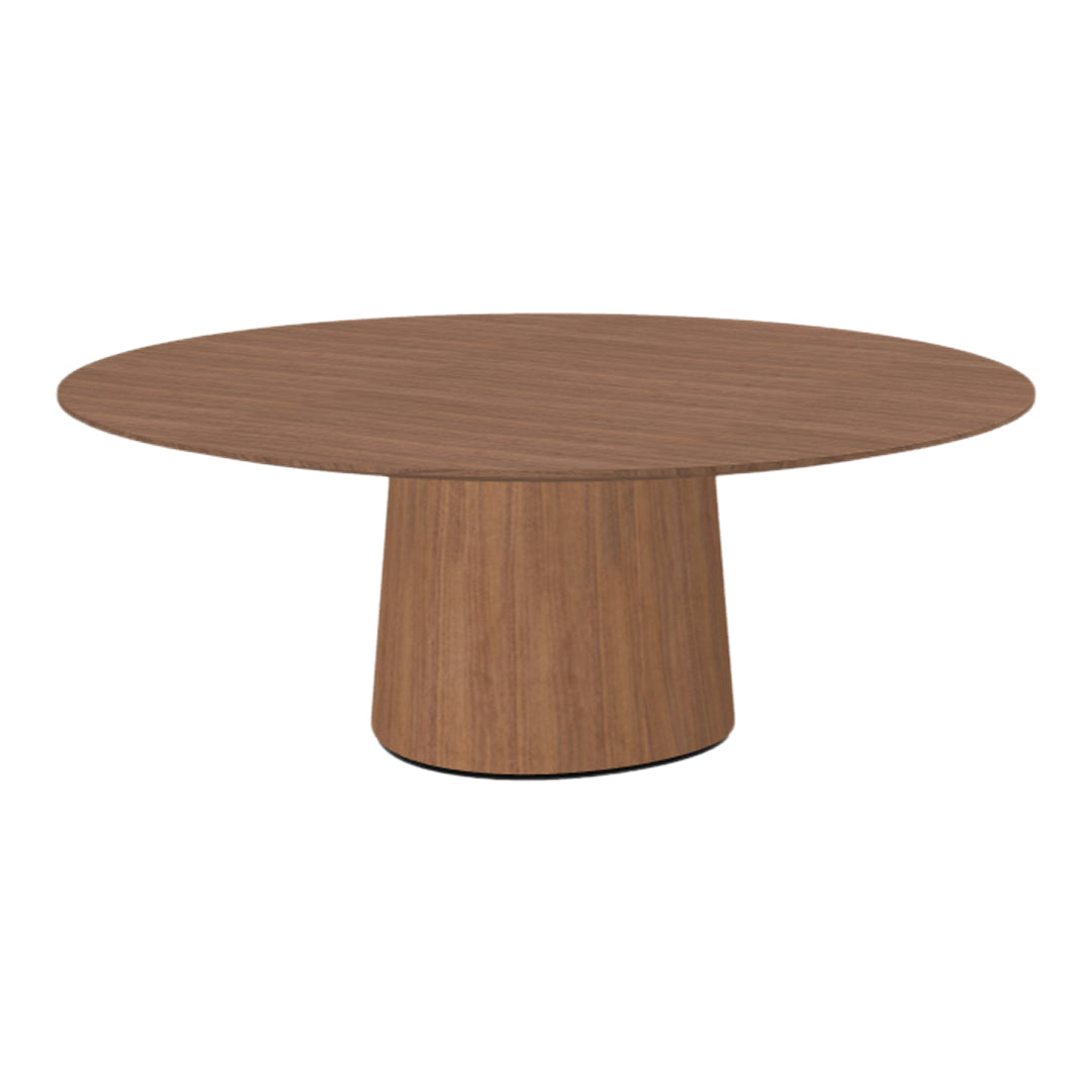 Round wooden coffee table with a rich brown finish and smooth texture, featuring a minimalist design.