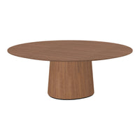Round wooden coffee table with a rich brown finish and smooth texture, featuring a minimalist design.