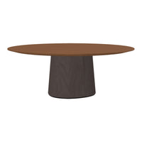 Round wooden table featuring a rich brown top with a textured pattern and a dark gray cylindrical base.
