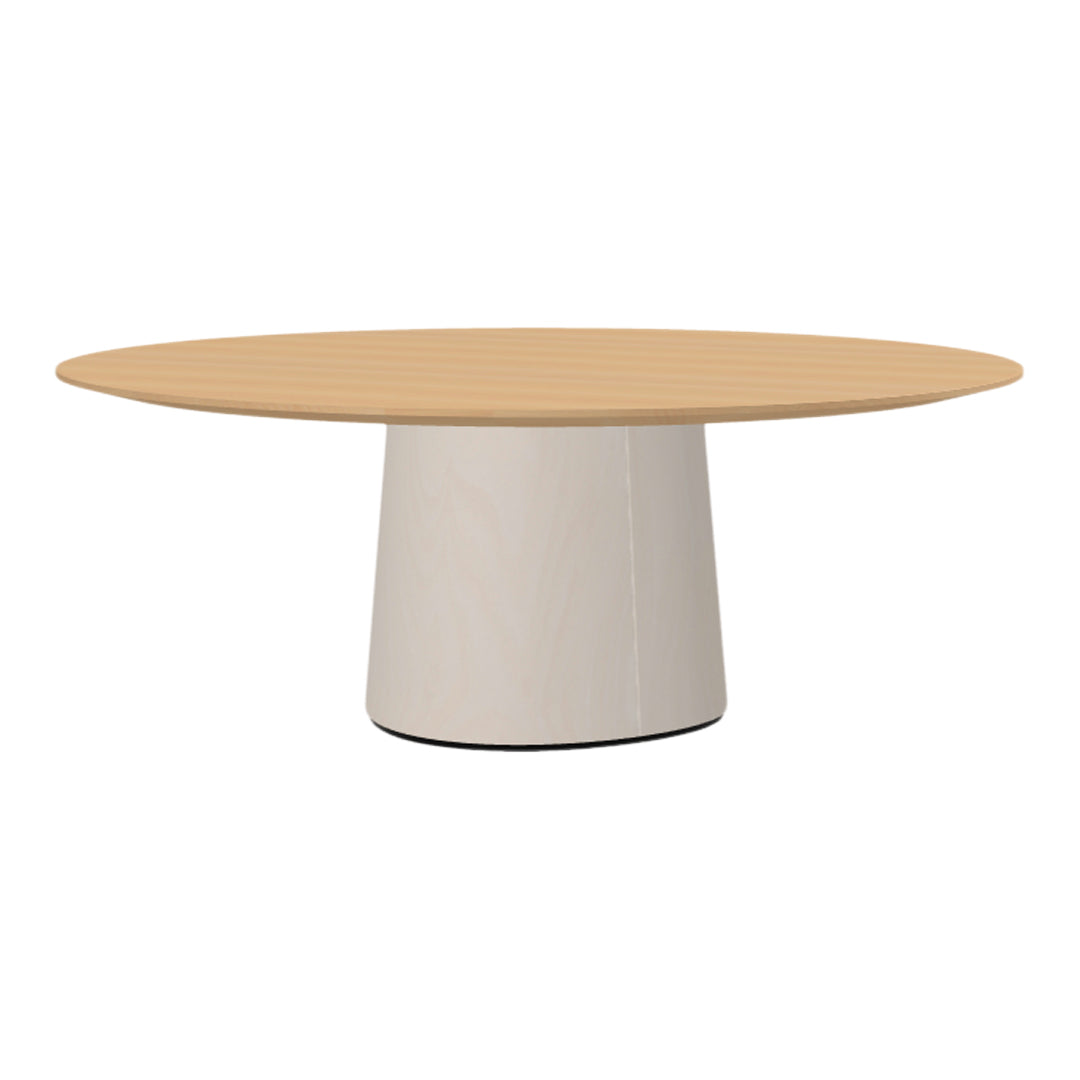Modern round table with a natural wood top and a light beige, smooth finish base. Sleek, minimalist design.