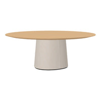Modern round table with a natural wood top and a light beige, smooth finish base. Sleek, minimalist design.