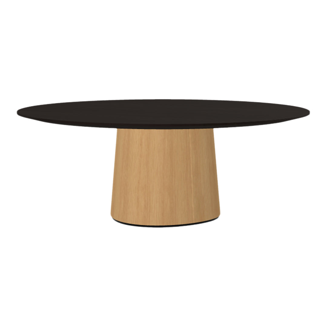 Round black tabletop with a natural wood base, showcasing a modern, minimalist design and contrasting colors.