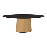 Round black tabletop with a natural wood base, showcasing a modern, minimalist design and contrasting colors.