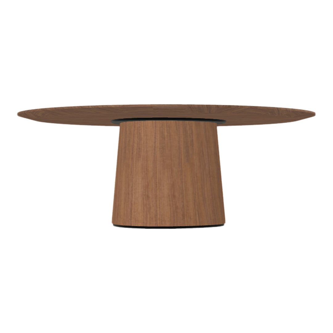 Wooden dining table with a round top and tapered base in rich brown tones, showcasing natural wood grain patterns.