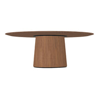 Wooden dining table with a round top and tapered base in rich brown tones, showcasing natural wood grain patterns.