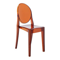 Transparent orange chair with a sleek, modern design and rounded backrest, showcasing a glossy finish.