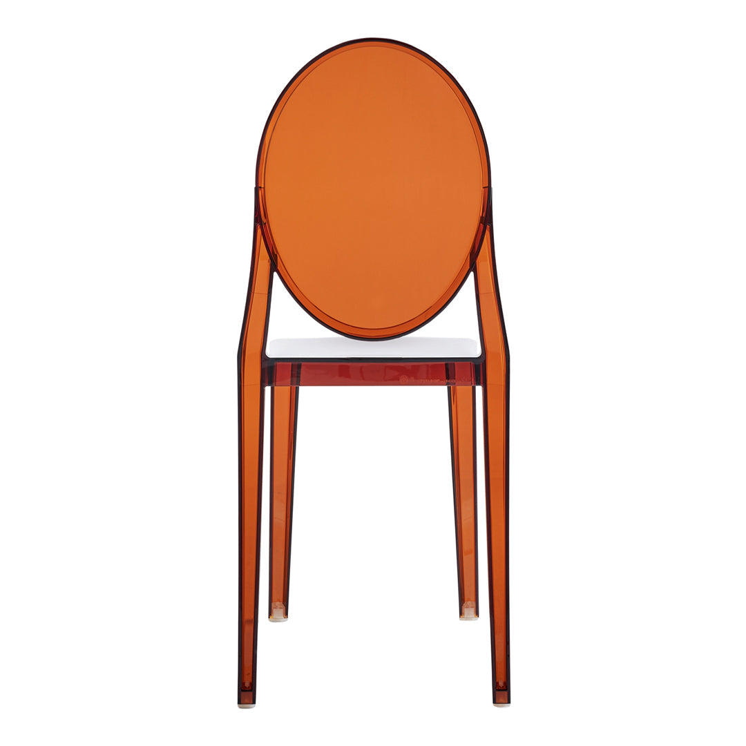 Clear orange transparent chair with a smooth oval back and minimalist design, perfect for modern decor.