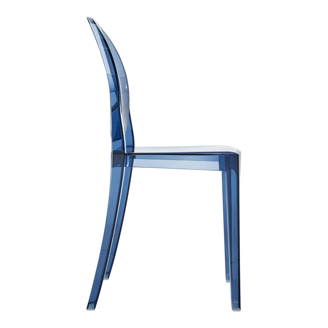 Transparent blue chair with a sleek, modern design and curved lines, perfect for contemporary decor.