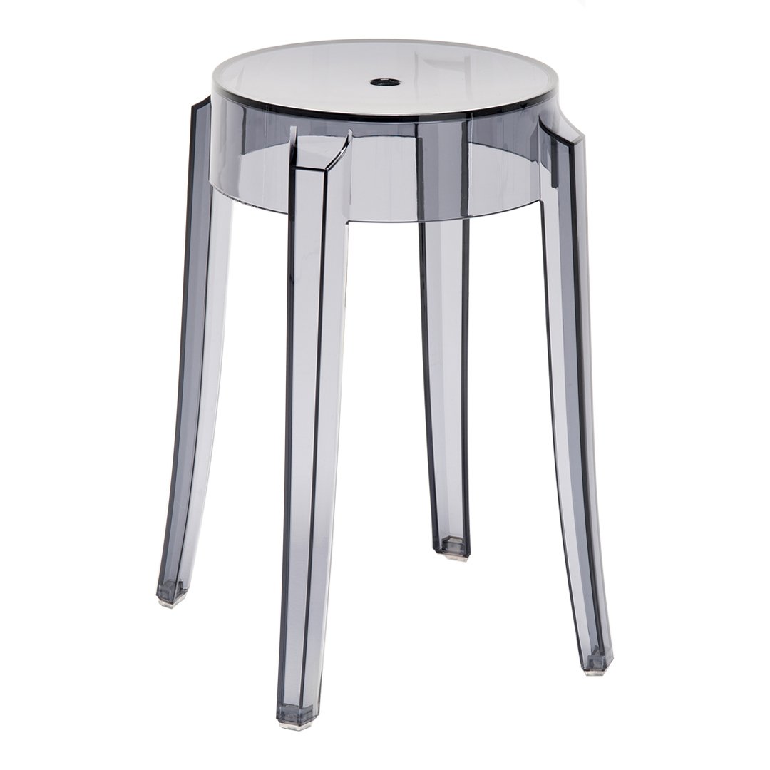 Clear gray acrylic stool with a sleek, modern design and transparent legs, perfect for contemporary decor.