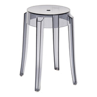 Clear gray acrylic stool with a sleek, modern design and transparent legs, perfect for contemporary decor.