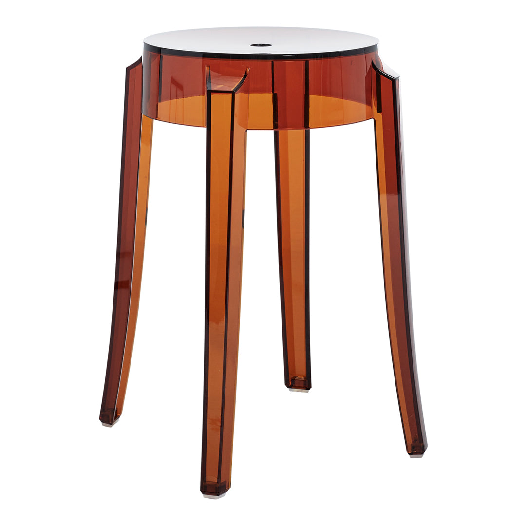 Amber and clear modern stool with a sleek, transparent design and straight legs, perfect for contemporary decor.