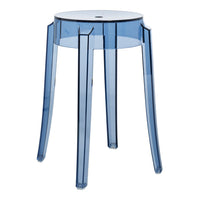 Transparent blue stool with a sleek, modern design and a glossy finish. Perfect for any contemporary space.