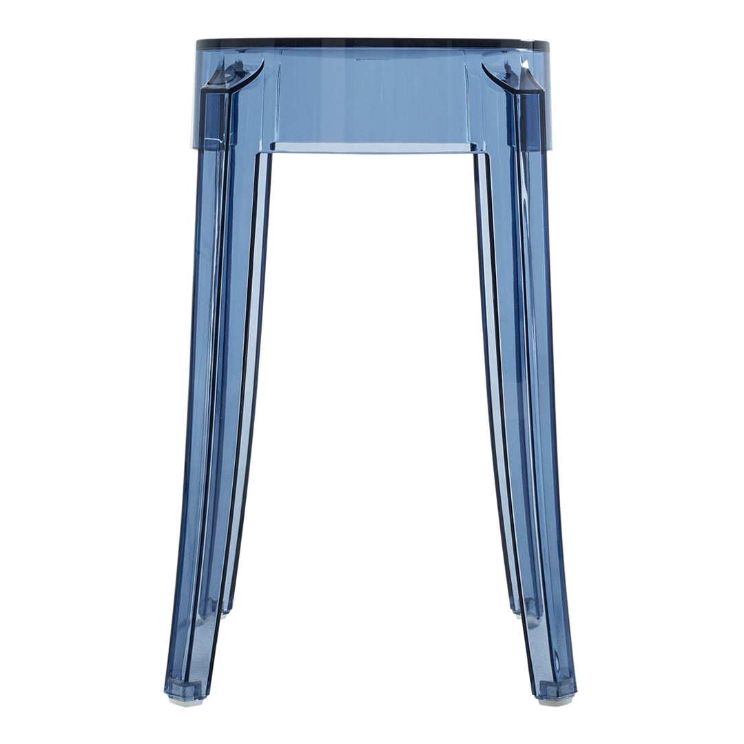 Transparent blue acrylic stool with sleek, modern design and no visible patterns. Ideal for contemporary spaces.
